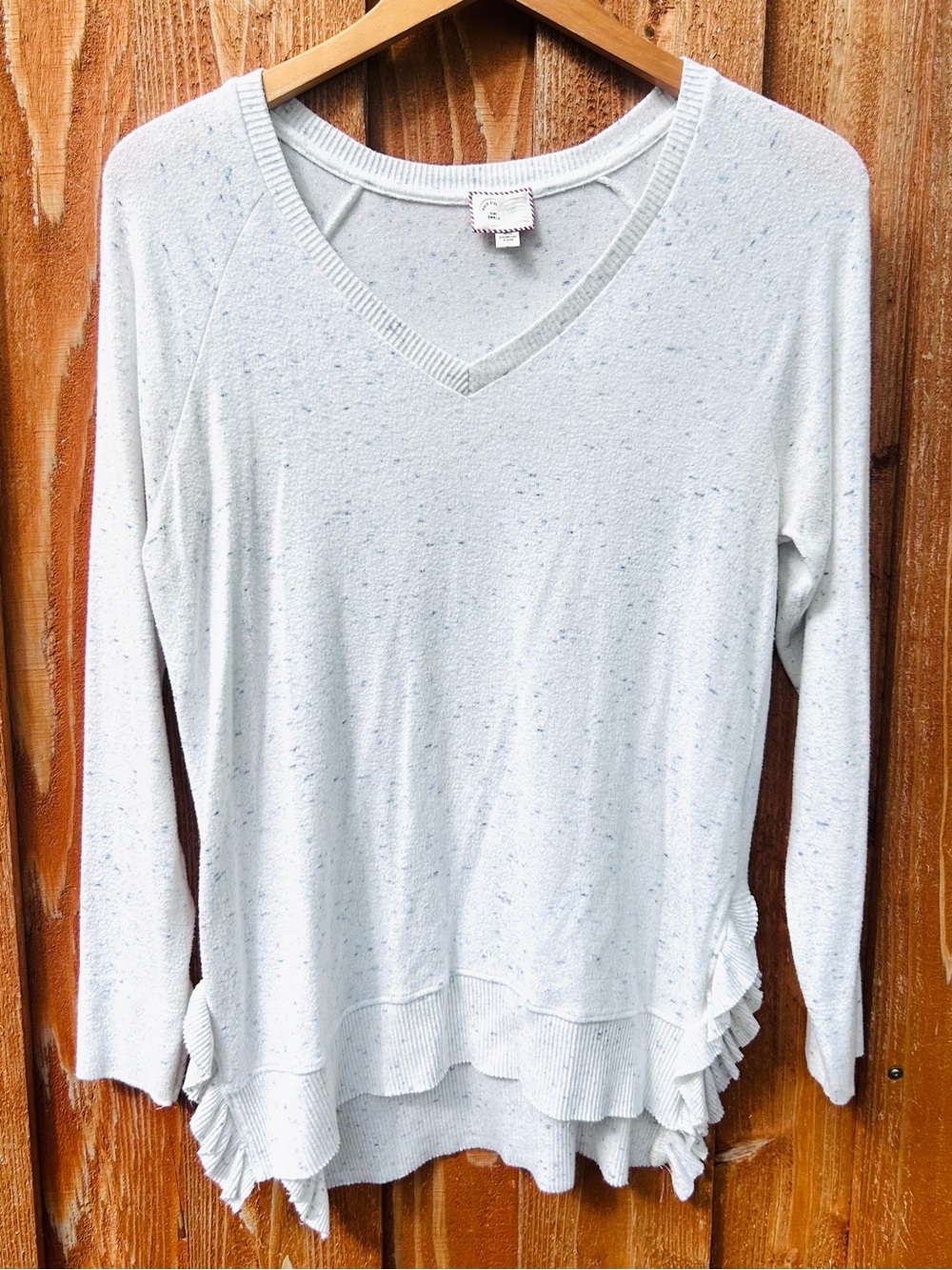 Anthropologie Postmark White Speckled Gia Ruffle Hem Pullover Knit Top S